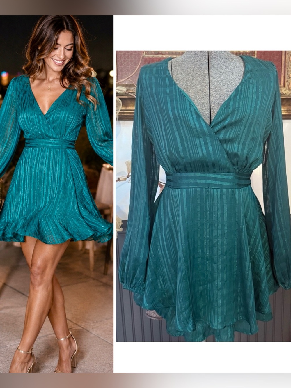 Allison + Kelly Tonal Stripe Shimmer Wrap Dress Ruffle Hem Full Sleeve~ M 💚🍄